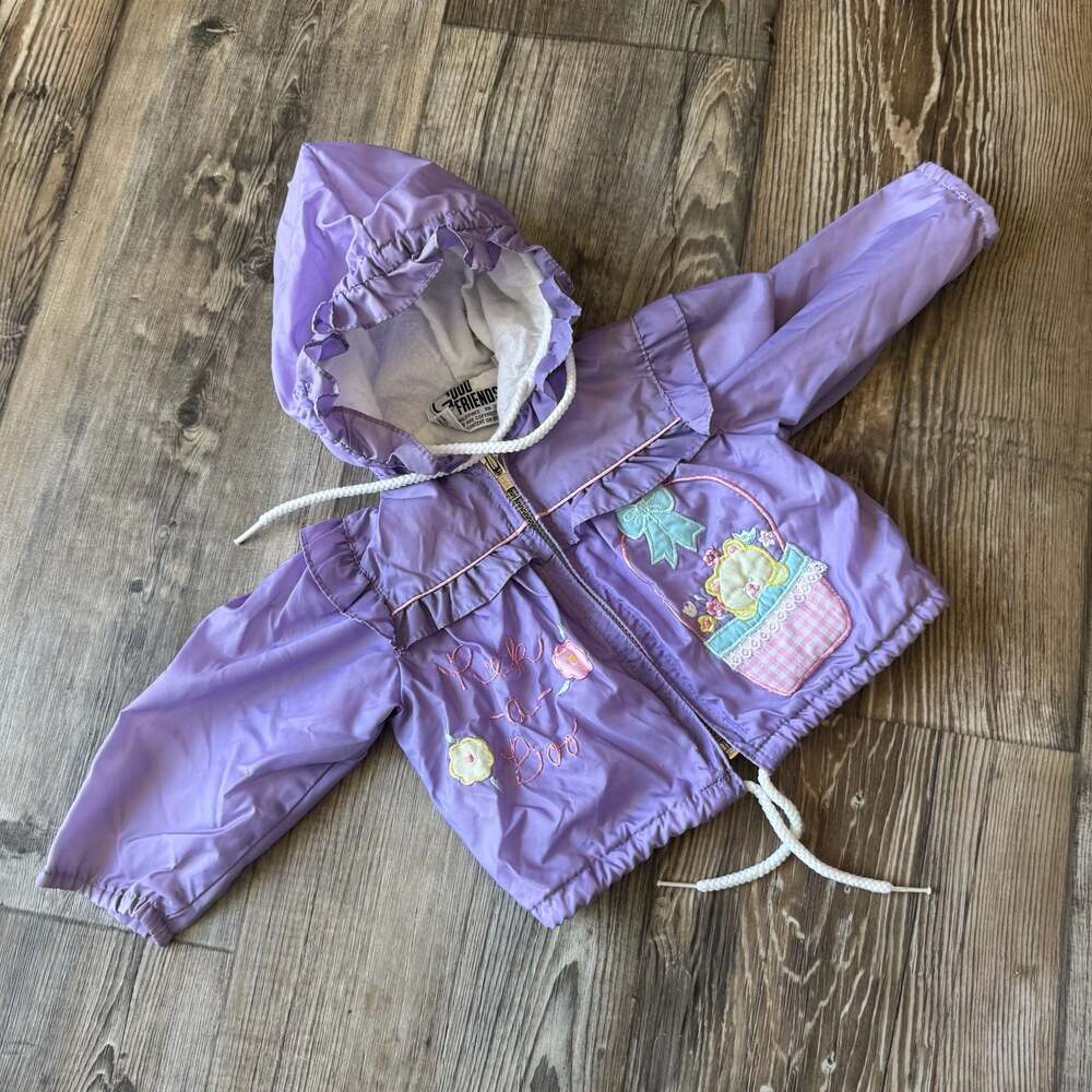Vintage 90s Good Friends Purple Ruffle Peek-A-Boo Bear Windbreaker Jacket 6/9M
